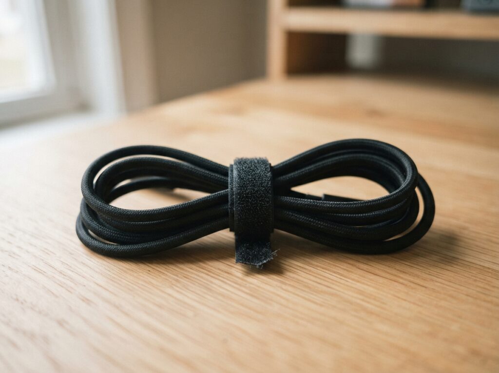 8の字に折り返して束ね、面ファスナーの結束バンドで留めた黒いケーブル