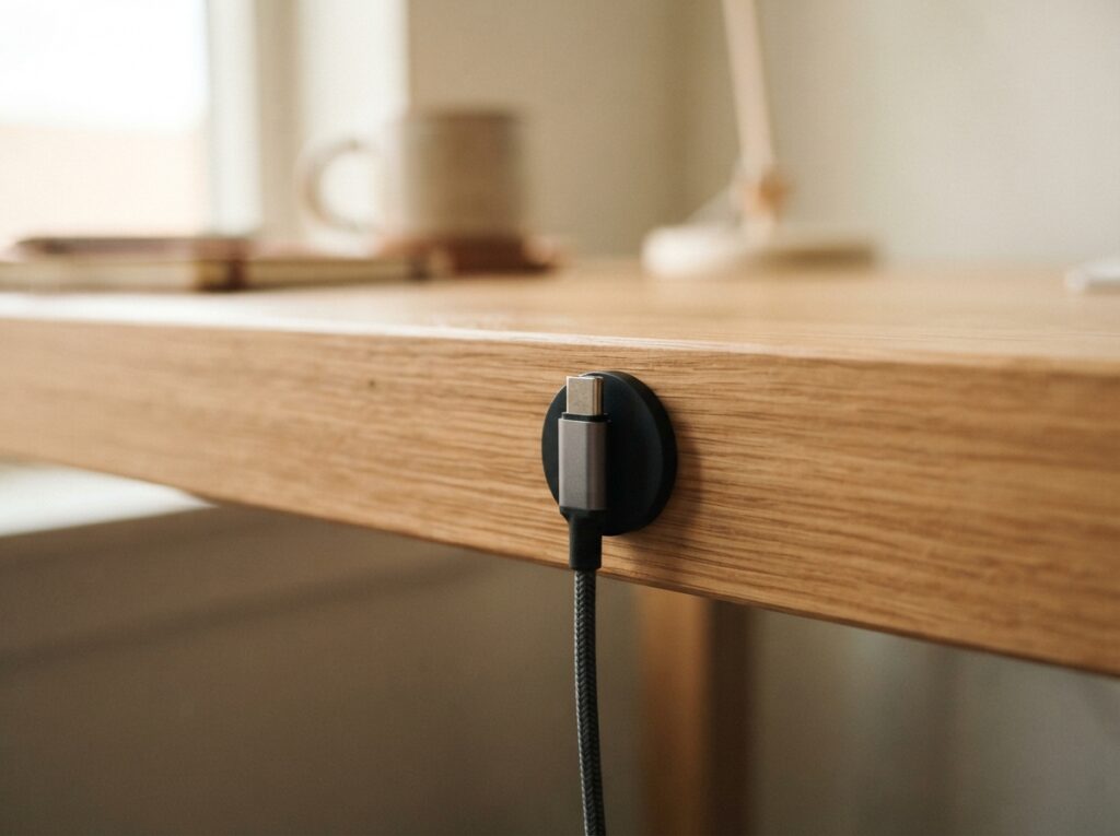 デスク天板の手前側の小口に貼ったマグネット式ケーブルホルダーに、充電ケーブルの先端が吸着している