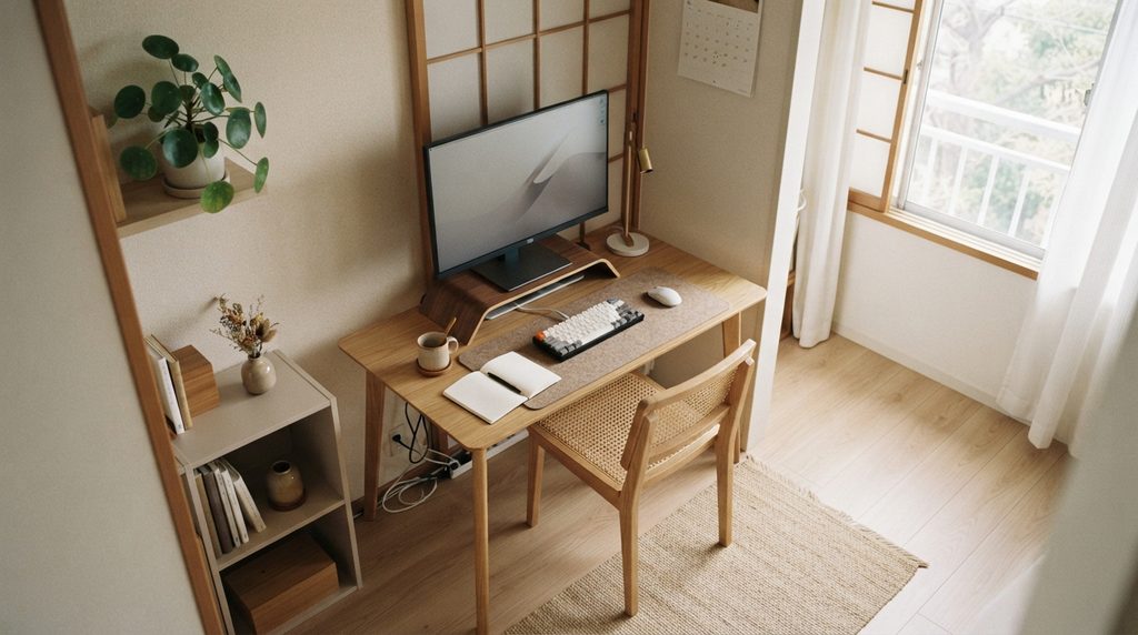オフィスチェアと電動昇降デスクを組み合わせた在宅ワークスペース