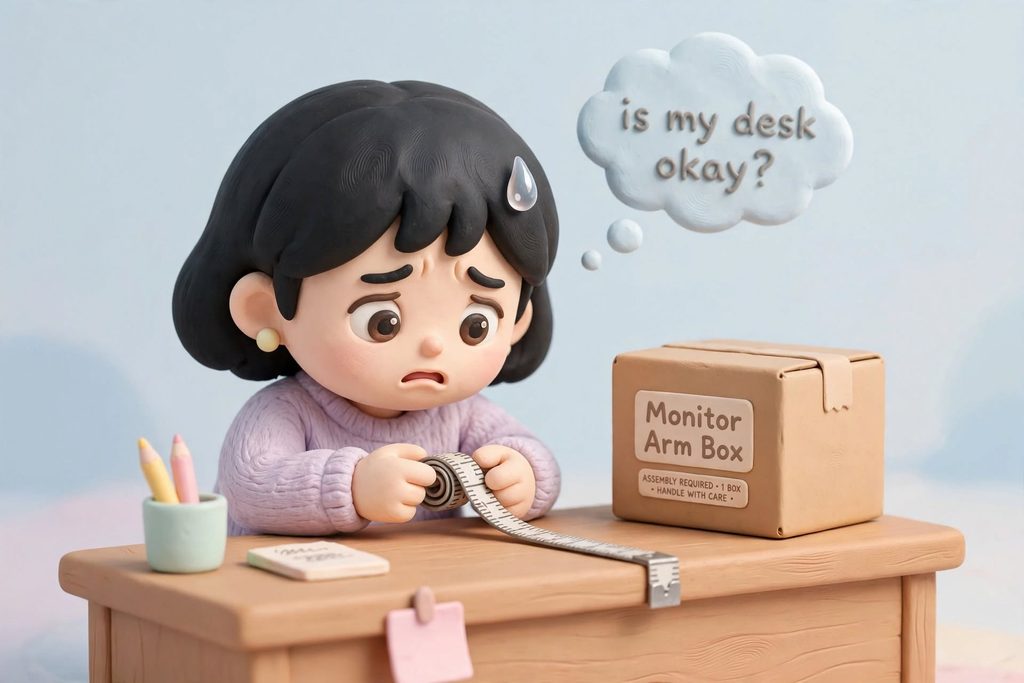 天板の厚みをメジャーで測り「うちのデスクにモニターアームは付くかな？」と不安そうな表情の女性のクレイ人形