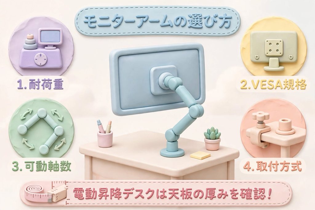 モニターアーム選びで失敗しない4つの基準「耐荷重・VESA・可動軸数・取付方式」を解説。電動昇降デスク愛用者が見落としがちな天板の厚み確認方法も。