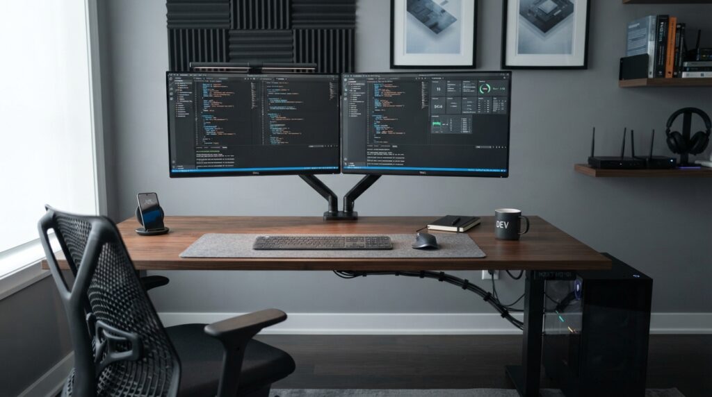 デュアルモニターとデスクトップPCを設置した在宅ワークデスク