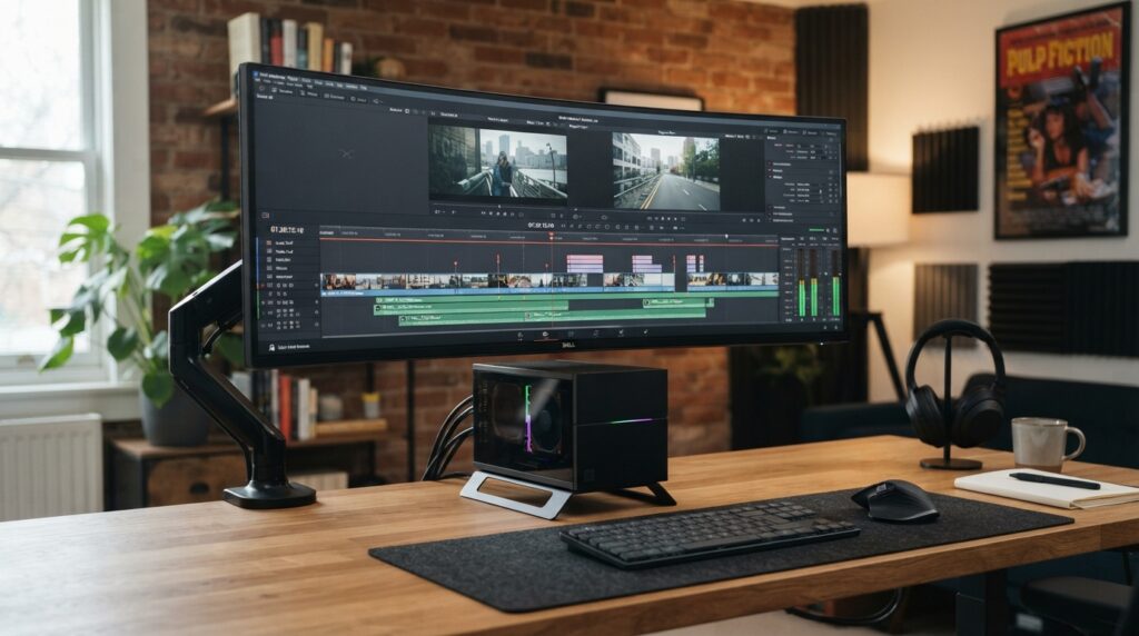 動画編集ソフトのタイムライン画面とデスクトップPC
