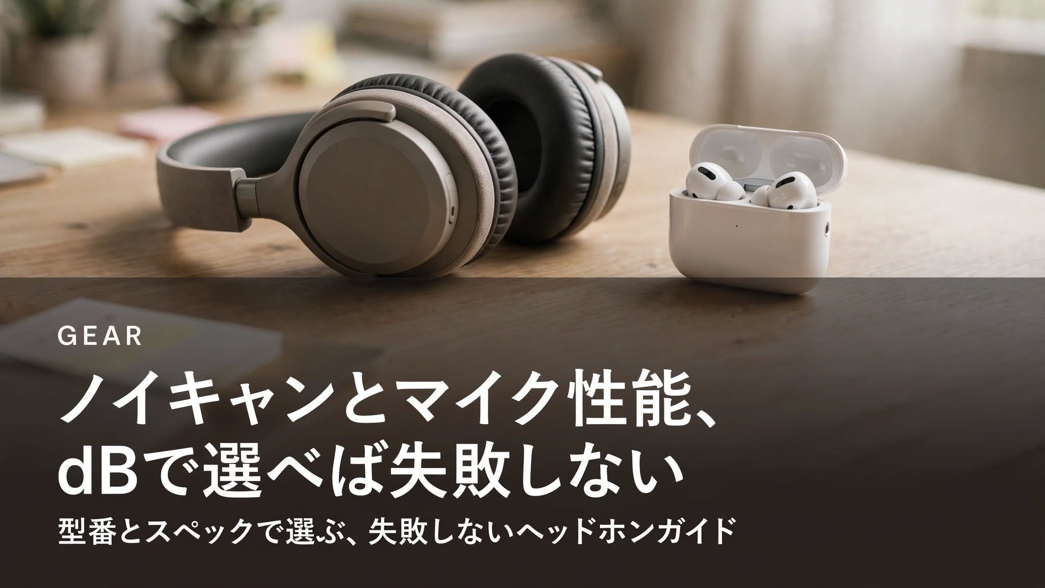 オーバーイヤーヘッドホンとワイヤレスイヤホンが並ぶ在宅ワークデスクのアイキャッチ画像