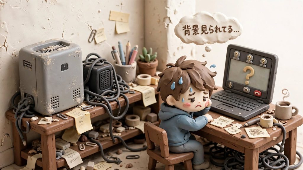 リモート会議中に散らかった棚の空気清浄機とスピーカーが背景に映り、困った表情で「背景見られてる...」と焦る人物のクレイ調イラスト