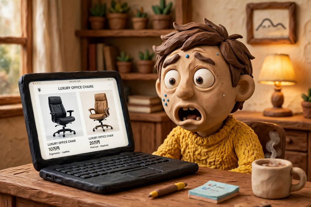 新品の高級オフィスチェア（10万円・20万円）を前に予算オーバーで悩む人のイラスト｜DeskKaizen「中古の高級オフィスチェアおすすめ4選」より