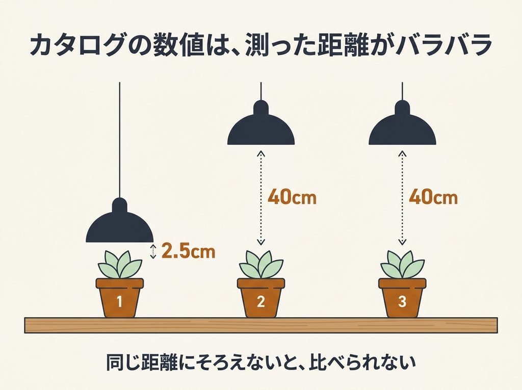 育成ライトのカタログ値は2.5cmや40cmなど測定距離がバラバラで、そのままでは比べられないことを示す図