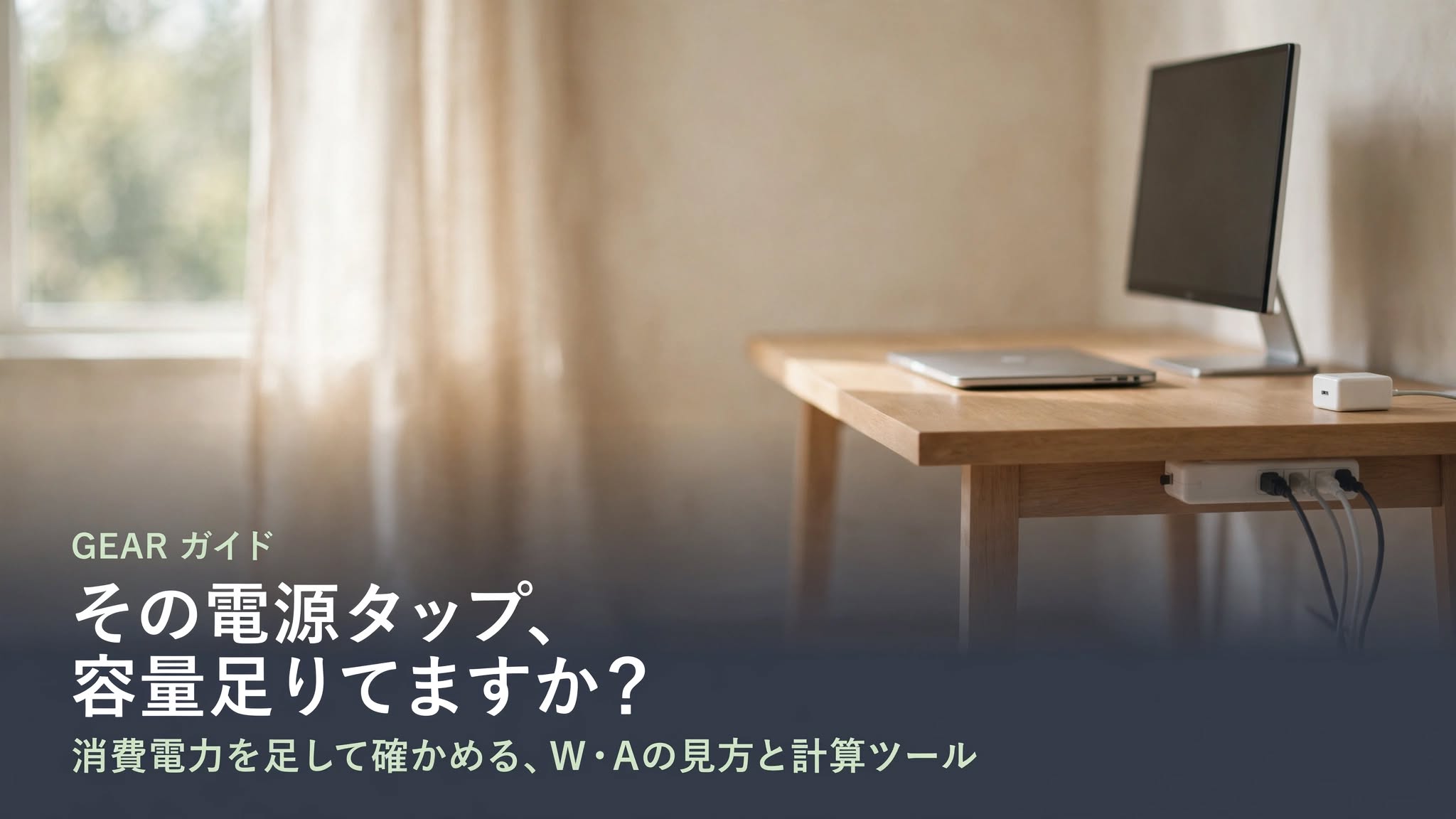 電源タップと配線を整えたデスクの写真に、「その電源タップ、容量足りてますか？」と書かれた、DeskKaizen GEARガイドのアイキャッチ画像