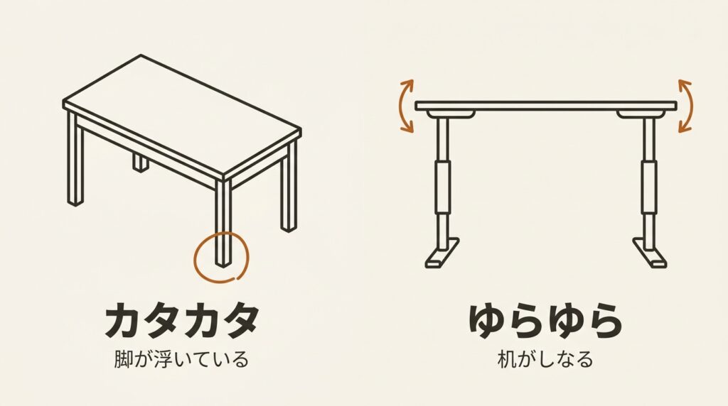 脚が1本浮いてカタカタする机と、高い位置でゆらゆら横揺れする昇降デスクを並べた図